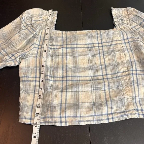 Oak + Fort Plaid Cropped Top Size M Cotton Puff Sleeve Blue Summer Western *READ - Picture 9 of 9